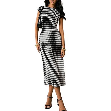 Women's Striped Crewneck Cap Sleeve Bodycon Knit Summer Midi Dresses