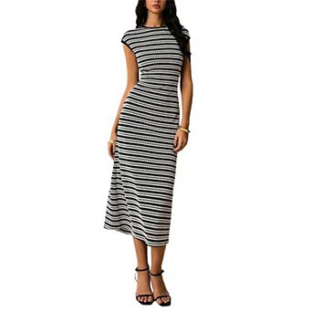 Women's Striped Crewneck Cap Sleeve Bodycon Knit Summer Midi Dresses