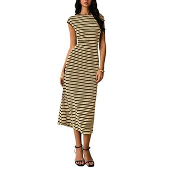 Women's Striped Crewneck Cap Sleeve Bodycon Knit Summer Midi Dresses