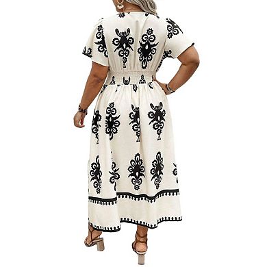 Womens Plus Size Summer Casual Wrap V Neck Short Sleeve A Line Floral Boho Maxi Dress