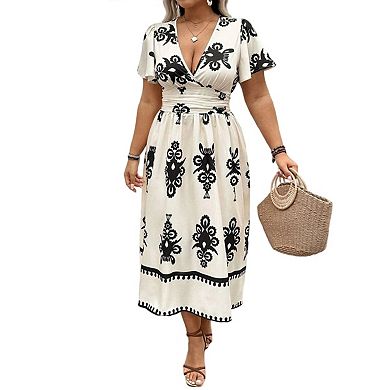 Womens Plus Size Summer Casual Wrap V Neck Short Sleeve A Line Floral Boho Maxi Dress