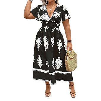 Womens Plus Size Summer Casual Wrap V Neck Short Sleeve A Line Floral Boho Maxi Dress