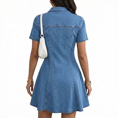 Women's Short Sleeve Denim Short Summer Button Down Ruched Slim Waist A Line Jean Dress