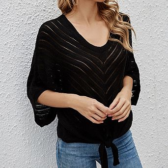 Women V Neck Batwing Cover Up 3/4 Sleeve Plain Lightweight Casual Crochet High Elastic Tops