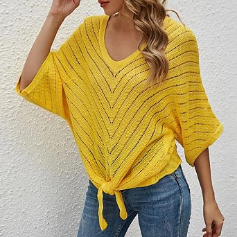 Women V Neck Batwing Cover Up 3/4 Sleeve Plain Lightweight Casual Crochet High Elastic Tops