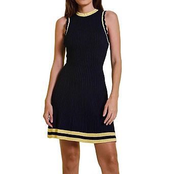 Womens Sleeveless Summer Mini Mock Neck Ribbed Knit Ruffle Pleated Casual Tank Dress