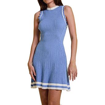Womens Sleeveless Summer Mini Mock Neck Ribbed Knit Ruffle Pleated Casual Tank Dress