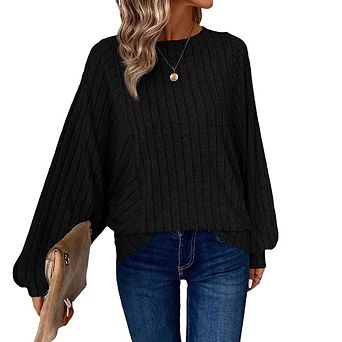 Women's Batwing Sleeve Sweaters Long Sleeve Crew Neck Shirt Fall Winter Fashion Loose Fit Tunic Top