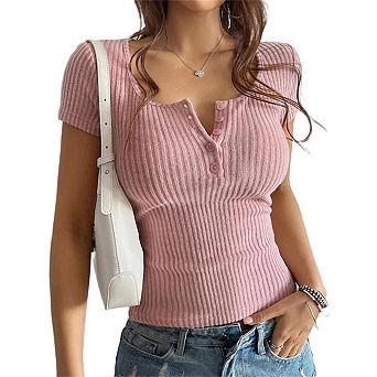 Button Shirt for Women Square Neck with Ribbed Knit Short Sleeve Trendy Summer Basic Going Out Top