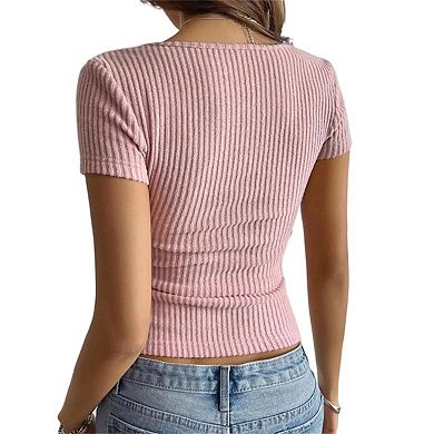 Button Shirt for Women Square Neck with Ribbed Knit Short Sleeve Trendy Summer Basic Going Out Top