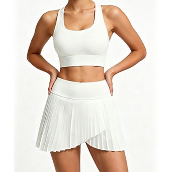 Women's High-Waisted Pleated Tennis Skort Asymmetrical Hem Athletic Skirt with Built-in Shorts