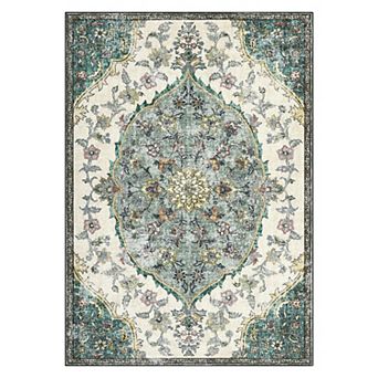 Washable Vintage Boho Area Rug, Non-Slip Low Pile Floral Medallion Carpet for Living Room Bedroom