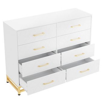 8-Drawer Wooden Dresser for Bedroom, Modern Chest w/ Gold Handles, Closet