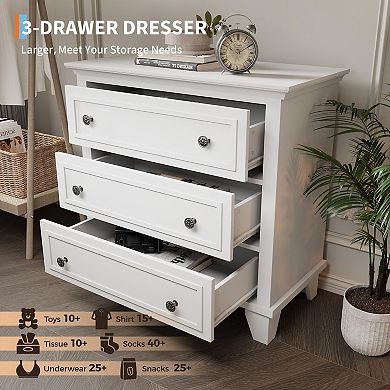 3 Drawer Dresser for Bedroom, Wide Chest w/ Vintage Handle, Modern Wood