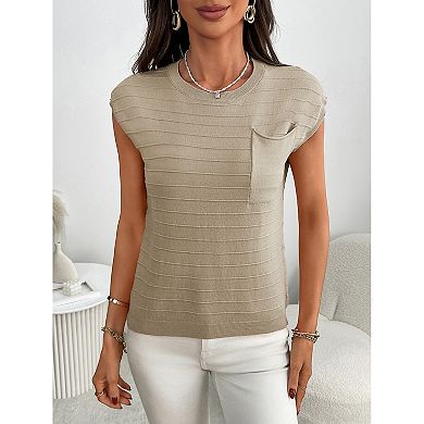 Women Casual Cap Sleeve Round Neck T-Shirt with Pocket