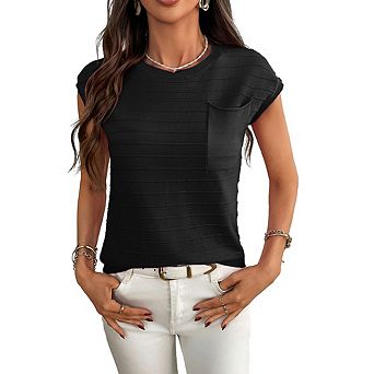 Women Casual Cap Sleeve Round Neck T-Shirt with Pocket