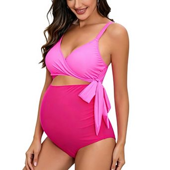 Women Maternity One Piece Swimsuit V Neck Tie Shoulder Strap Knot Adjustable Bathing Suit