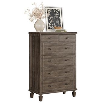47" Tall Dresser for Bedroom, Vintage 6 Drawer w/ Carved Handles, Wood Chest