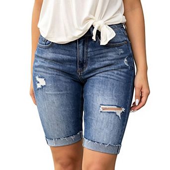 Women's Mid Rise Distressed Denim Shorts Cuffed Hem Stretchy Jean Shorts with Pockets