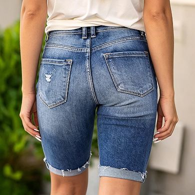 Women's Mid Rise Distressed Denim Shorts Cuffed Hem Stretchy Jean Shorts with Pockets