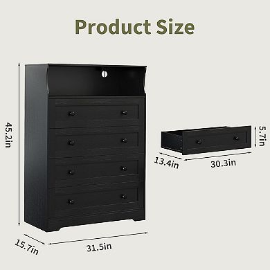 4 Drawer Wooden Dresser w/ LED Lights & Charging Station, Nightstand