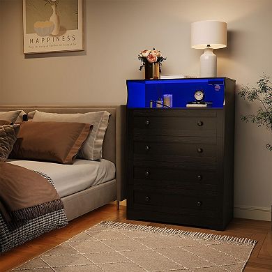 4 Drawer Wooden Dresser w/ LED Lights & Charging Station, Nightstand