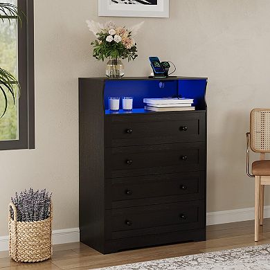 4 Drawer Wooden Dresser w/ LED Lights & Charging Station, Nightstand