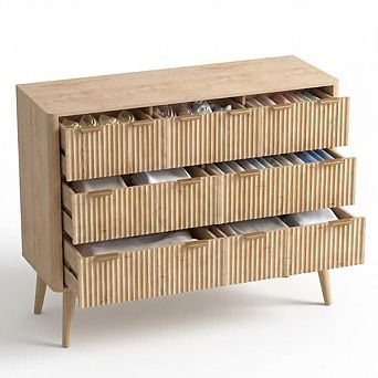 7-Drawer Fluted Wooden Chest with Gold Handles & Iron Base, Wide Storage & TV Stand for Bedroom