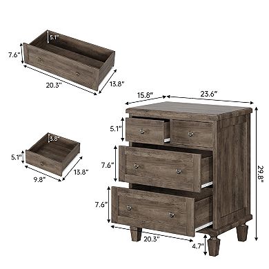 4 Drawer Bedside Table, Farmhouse Wooden Nightstand w/ Carved Handles