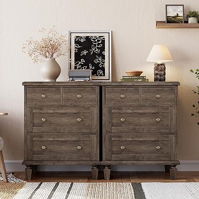 4 Drawer Bedside Table, Farmhouse Wooden Nightstand w/ Carved Handles