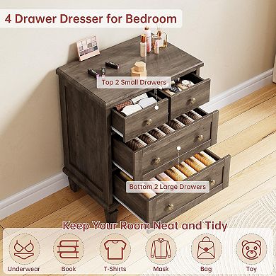 4 Drawer Bedside Table, Farmhouse Wooden Nightstand w/ Carved Handles