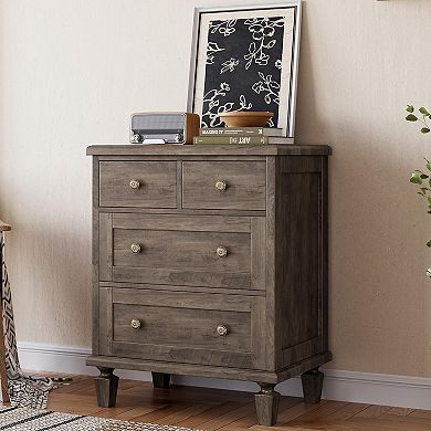 4 Drawer Bedside Table, Farmhouse Wooden Nightstand w/ Carved Handles