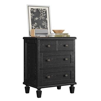 4 Drawer Bedside Table, Farmhouse Wooden Nightstand w/ Carved Handles
