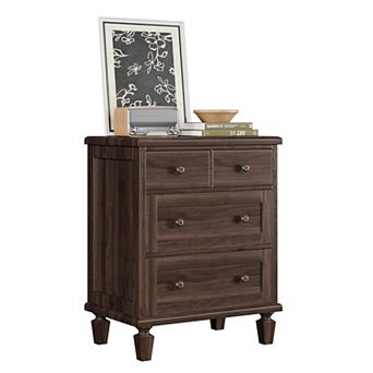 4 Drawer Bedside Table, Farmhouse Wooden Nightstand w/ Carved Handles