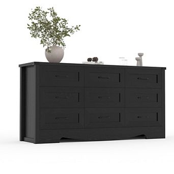 59" Wide 9-Drawer Dresser, Farmhouse Wooden Chest w/ Anti-Tipping Device