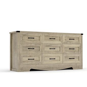 59" Wide 9-Drawer Dresser, Farmhouse Wooden Chest w/ Anti-Tipping Device