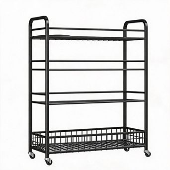 4 tier Rolling Golf Push Cart Organizer Ball Storage Rack with Dual Baskets for Basketballs