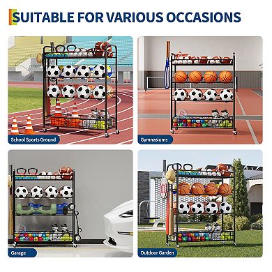 4-Tier Rolling Golf Push Cart Organizer Ball Storage Rack with Dual Baskets for Basketballs