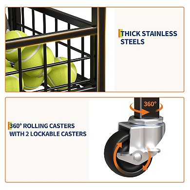 4-Tier Rolling Golf Push Cart Organizer Ball Storage Rack with Dual Baskets for Basketballs