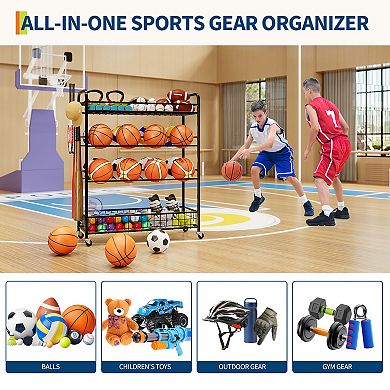 4-Tier Rolling Golf Push Cart Organizer Ball Storage Rack with Dual Baskets for Basketballs