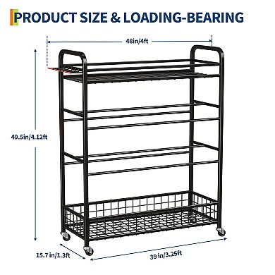 4-Tier Rolling Golf Push Cart Organizer Ball Storage Rack with Dual Baskets for Basketballs