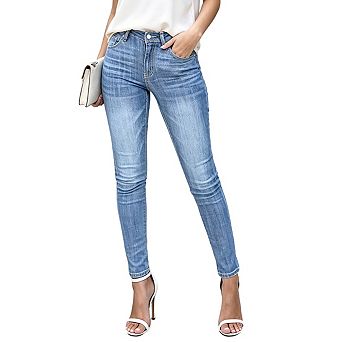Womens Mid Waisted Skinny Jeans Button Fly Slim Ankle Length Casual Denim Pants