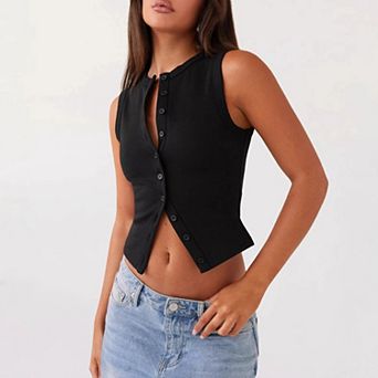 Women Button Down Knitted Solid Color Sleeveless Vest Slim Fit Crop Going Out Streetwear Tank Tops