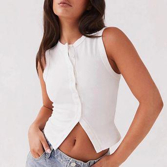 Women Button Down Knitted Solid Color Sleeveless Vest Slim Fit Crop Going Out Streetwear Tank Tops