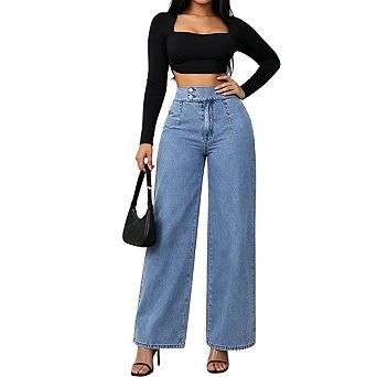 Womens High Waisted Wide Leg Jeans Elastic Back Waistband Button Front Casual Denim Pants