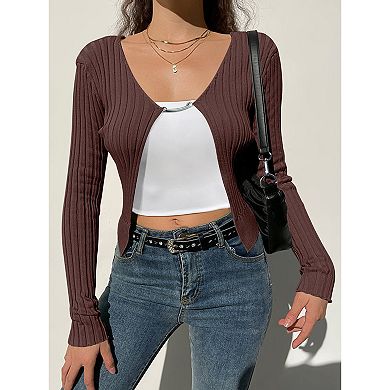 Women's Ribbed Knit Long Sleeve Open Front Casual Cropped Cardigan