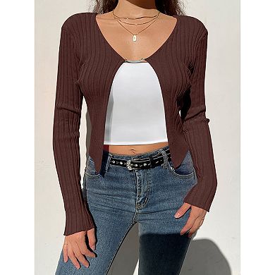 Women's Ribbed Knit Long Sleeve Open Front Casual Cropped Cardigan
