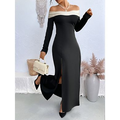 Women's Autumn Off-Shoulder Long-Sleeve Maxi Dress — Slim-Fit, Hip-Hugging Style with Side Slit