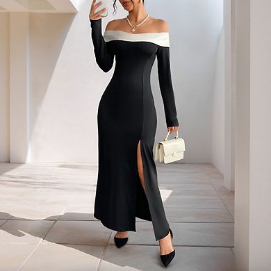 Women's Autumn Off-Shoulder Long-Sleeve Maxi Dress — Slim-Fit, Hip-Hugging Style with Side Slit