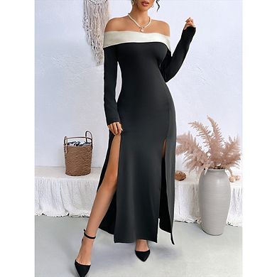 Women's Autumn Off-Shoulder Long-Sleeve Maxi Dress — Slim-Fit, Hip-Hugging Style with Side Slit